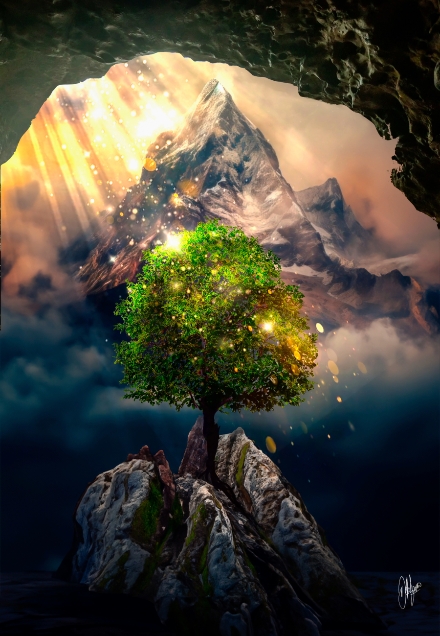 Imagen simbólica de transformación espiritual: enraizando la luz interior desde la sombra.