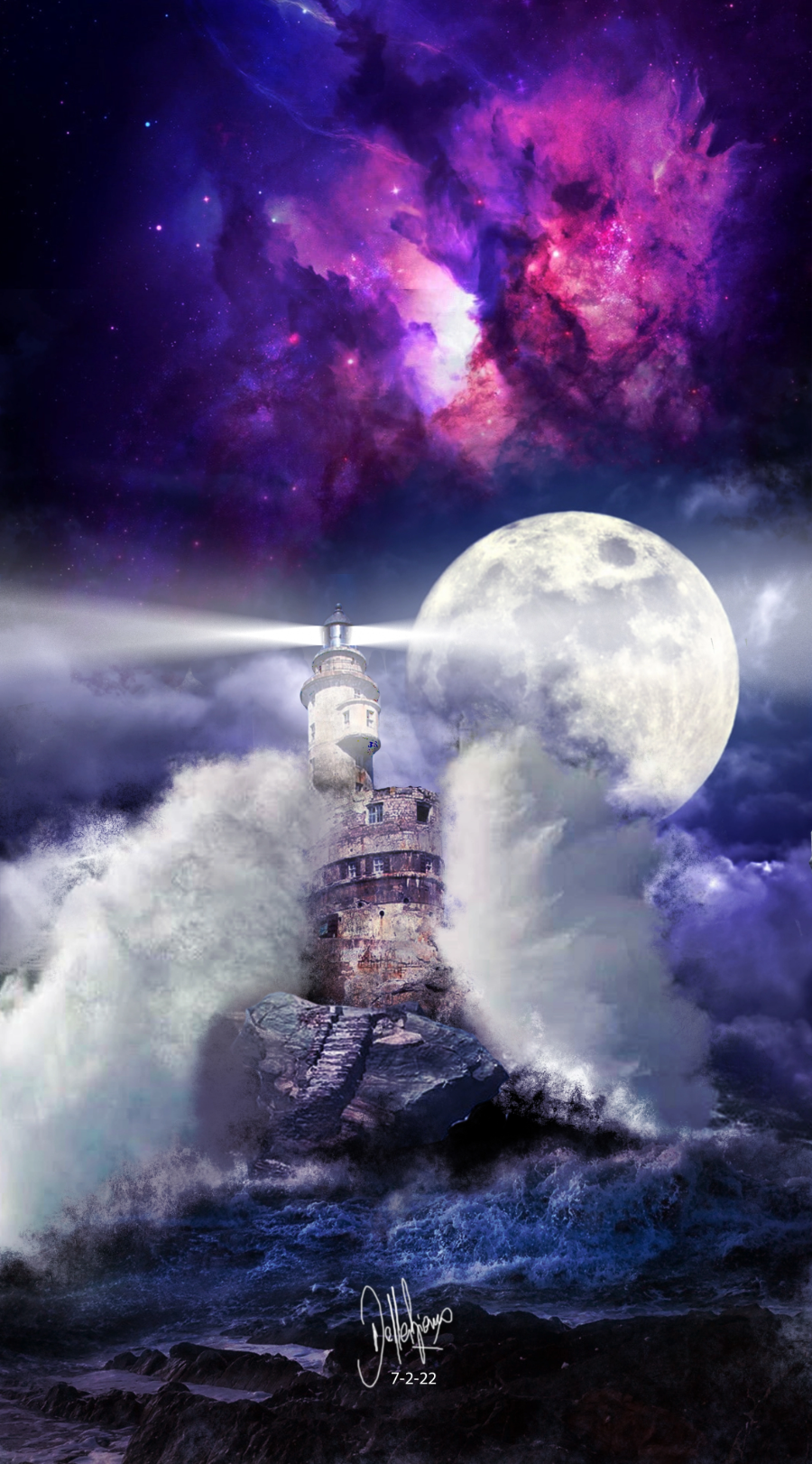 Faro iluminando en medio de una tormenta, con olas altas, luna llena y cielo púrpura estelar